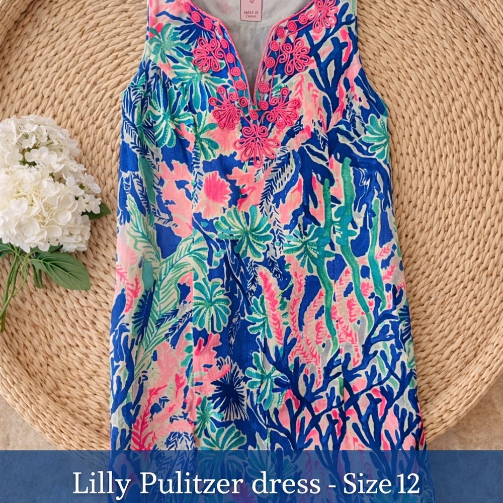 Lilly Pulitzer Coral Embroidered Tropical Dress - Blue & Pink